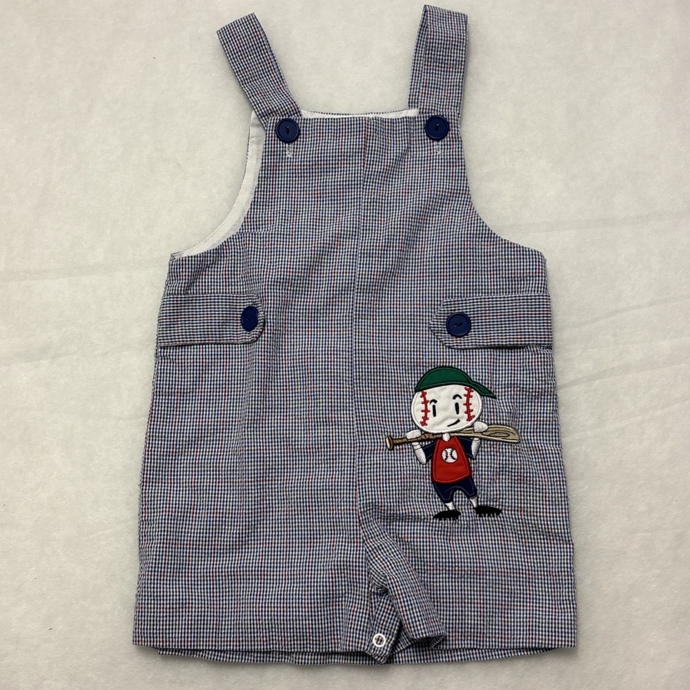 Vintage‎ Boys Size 3T Seersucker Baseball Plaid Romper Shortall Red/Blue
